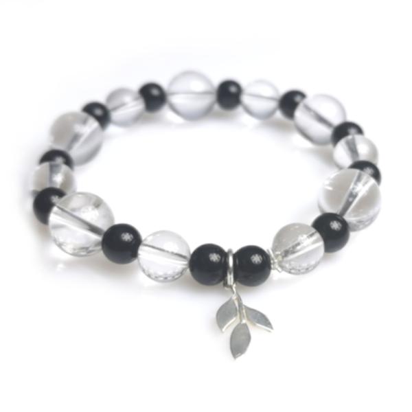 "CRYSTAL LEAF"-Bergkristall-Onyx-Armband mit 925 Silber Blatt by SPHINGS
